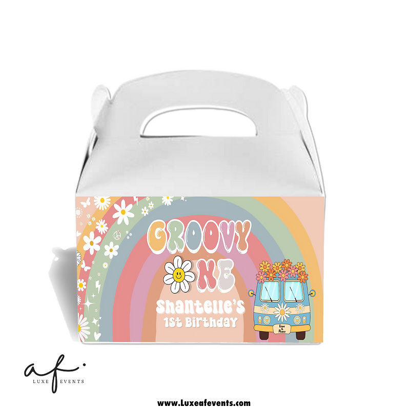 Groovy One - Gable Box Label - Groovy One Birthday - Groovy One Label - Daisy Rainbow Hippie Retro Groovy 70's Party