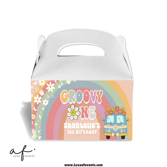 Groovy One - Gable Box Label - Groovy One Birthday - Groovy One Label - Daisy Rainbow Hippie Retro Groovy 70's Party